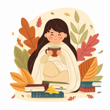 Cozy autumn digital illustration with girl wrapped in blanket holding coffee surrounded by autumn leaves and books for seasonal greeting card art use