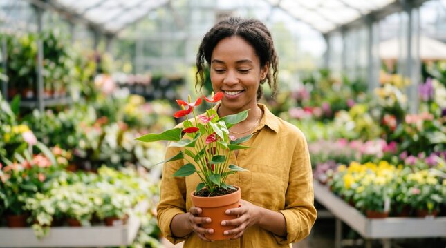 Smiling woman holding plant in greenhouse