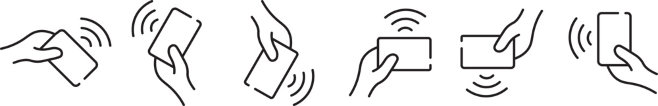 Contactless payment line icon set with hand holding credit card and smartphone. Wireless nfc technology vector illustration for tap to pay transaction and POS terminal terminal checkout. Electronic ca