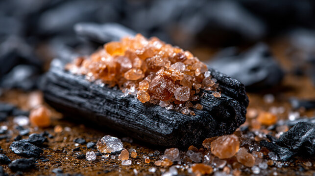 Raw amber resin chunks displayed on piece of natural black charcoal surface texture