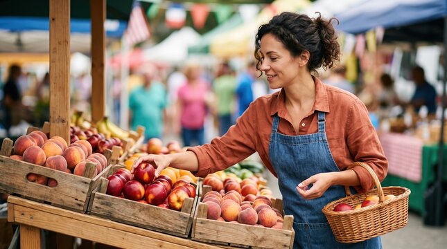 Woman selecting fresh peaches at outdoor market