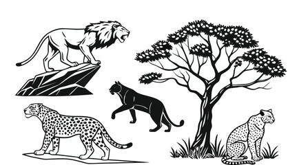 A comprehensive black-and-white coloring book page featuring a collection of various wild cat species arranged across a clean white background. The subjects include a majestic male lion sitting, a lio © joyrun12