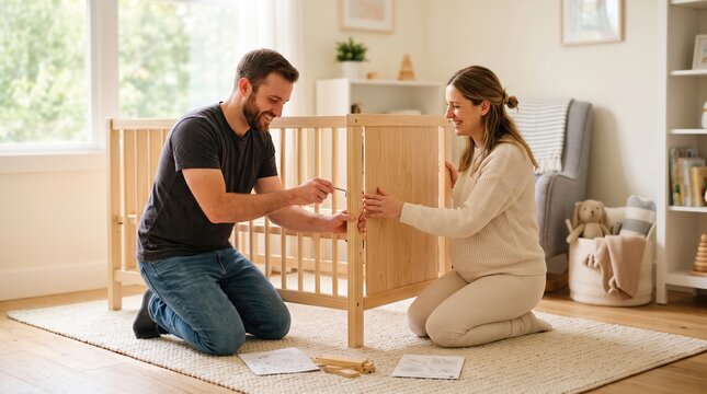 Pregnant Couple Assembling Baby Crib