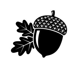Black and white acorn silhouette with oak leaves isolated on white background © YENI
