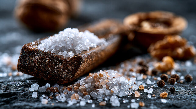 Heap of coarse sea salt flakes served in rustic walnut shell half on dark surface