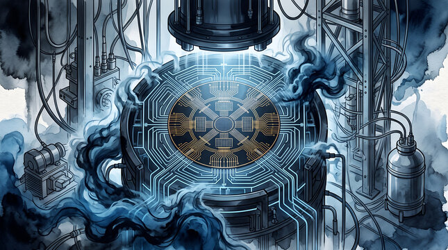 Sci-Fi Quantum Processor and Reactor Core Technology Watercolor Illustration