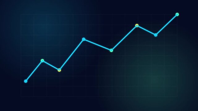Line graph rising on dark grid background with drawing animation, centered view, neon blue line, no people