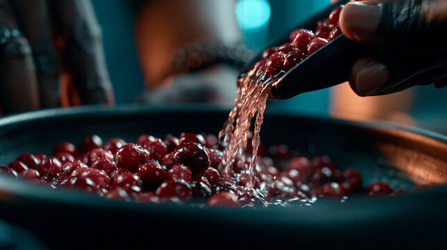 Pouring fresh red cranberries into bowl for holiday recipe with cranberry, ingredient