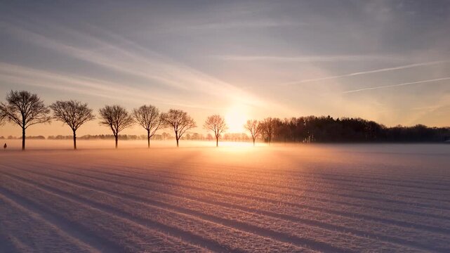 4k high resolution stock video, Misty Winter Sunrise Over Frozen River and Lake with Snowy Trees, Frost Covered Field, Foggy Forest Landscape and Golden Morning Light in Peaceful Cold Nature Scenery