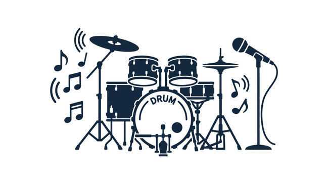Drum Set and Microphone with Music Notes Icon