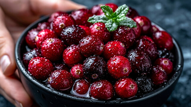 Hand holding bowl of fresh ripe cranberries garnished with mint leaves, cranberry