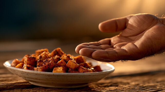 Roasted tofu cubes in a small ceramic bowl presented on a rustic table with plant based