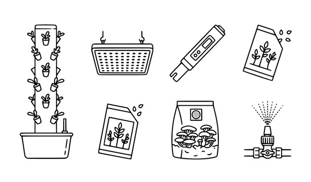 Hydroponic Tower and Smart Indoor Farming Line Art Icon Set with Vertical Garden, Planting Tray, pH Meter, Fertilizer Bag, and Automatic Sprinkler