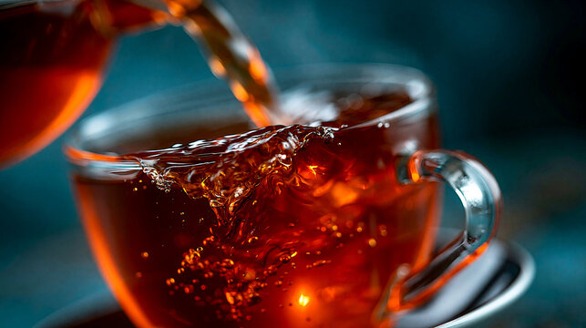 Hot aromatic black tea being poured into a clear glass teacup with tea time, beverage