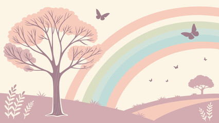 Obraz premium Tree stands prominently in a pastel landscape featuring a vibrant rainbow and delicate butterflies.