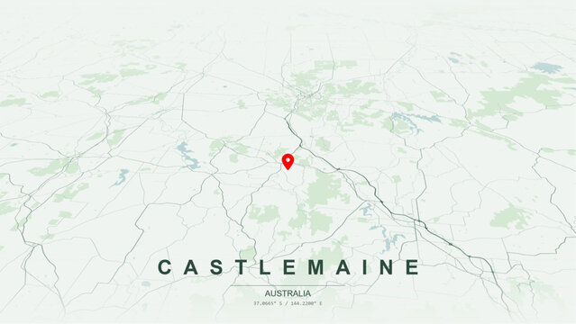 Modern minimalist vector map of Castlemaine, Victoria. High-quality scalable illustration of Castlemaine geographic boundaries along Forest Creek contours  for posters design.