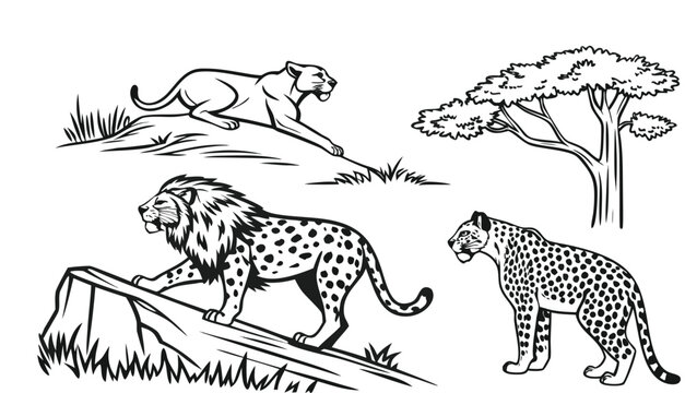 A comprehensive black-and-white coloring book page featuring a collection of various wild cat species arranged across a clean white background. The subjects include a majestic male lion sitting, a lio