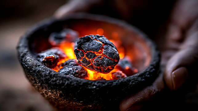 Person holding bowl of hot glowing charcoal embers in hands with charcoal, lighting