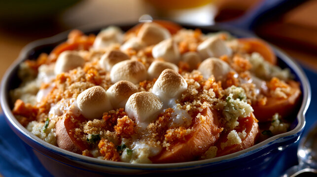Roasted sweet potato casserole topped with toasted marshmallow and crumble in skillet