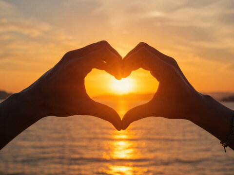 A pair of hands forms a heart shape against a stunning sunset backdrop over the ocean with focus on silhouette.