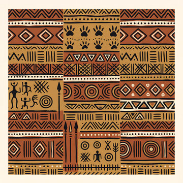 Bogolan mud cloth pattern with lizard crocodile and human figure tribal rock art motifs