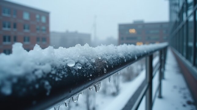 Gr&aacute;nulos de hielo acumul&aacute;ndose en un pasamanos met&aacute;lico de estilo contempor&aacute;neo en el exterior de un edificio de oficinas