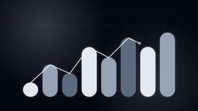 Bar chart rising on dark grid with line graph reveal animation, growing, front view, glowing