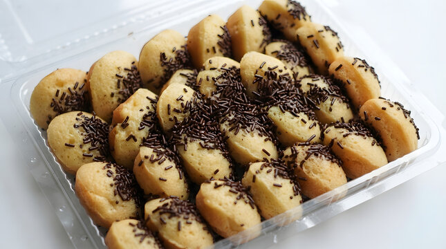 Arrangements of kue cubit or literally known as pinch cake, small pancake bites with chocolate sprinkles from Indonesia, Southeast Asia in opened plastic food box. Street food and snack ideas