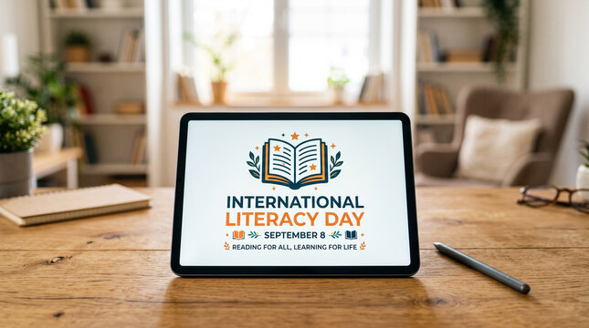 Tablet displaying International Literacy Day logo on a wooden desk in a home office.