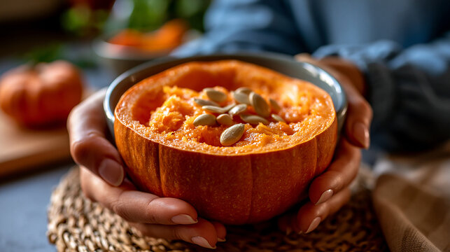 Hands holding small pumpkin bowl filled with roasted seeds seasonal vegetarian snacking