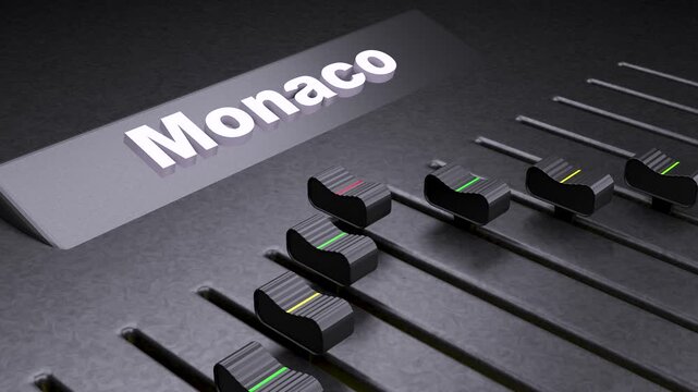 Monaco audio mixer console with sliding faders, professional sound board for music production, digital studio equipment for recording and broadcasting