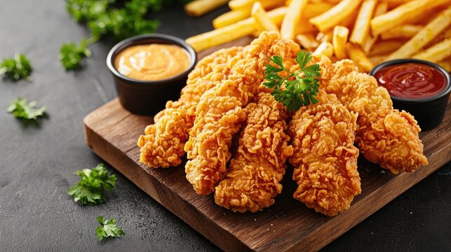 Crispy fried chicken tenders with French fries and sauces
