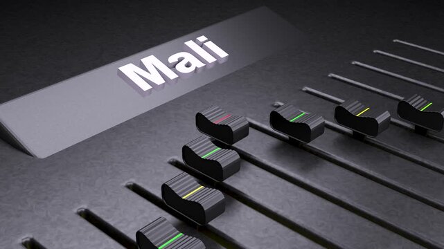 Mali text on audio mixer fader, conceptual music production for Mali, professional sound board sliders with country name label