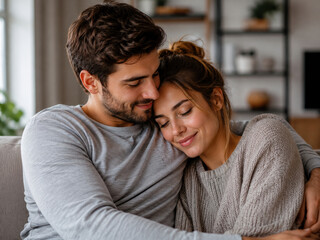 Obraz premium Intimate and Comfy family love: A Couple Snuggled on the Sofa with focus on embrace cuddling living room.