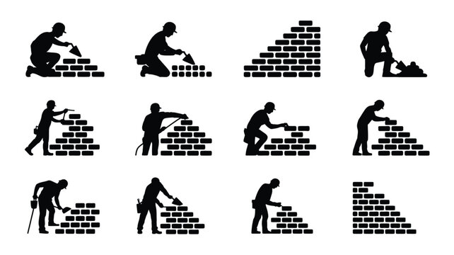 Silhouette of bricklayers at work in various positions with silhouettes workers building brick wall different stages construction equipment industry masonry laborer craft trade tools with job