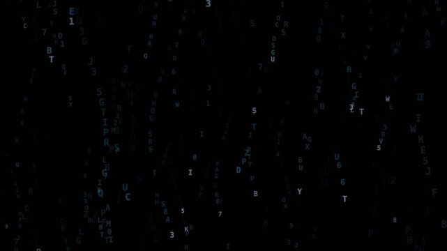 Alphanumeric characters streaming down on black background vertical fall, falling, blue, numbers