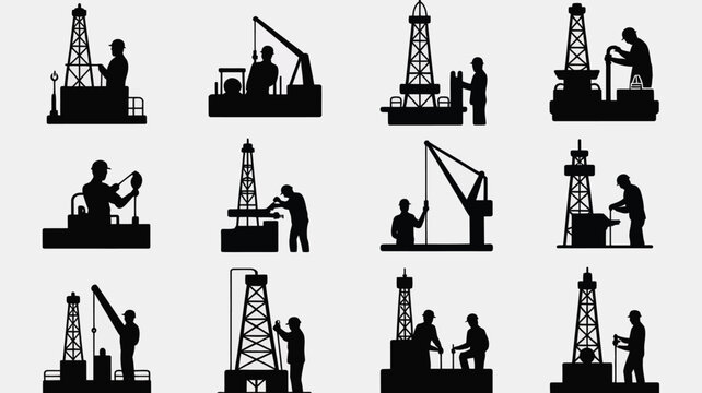 Oil rig workers in various positions silhouette set with collection black silhouettes depicting workers oil rigs different positions construction illustration maintenance extraction equipment