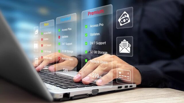 Pricing Comparison, Membership Plans. Person Comparing Subscription Plans on Laptop. SaaS Software, Cost Analysis, Digital Subscription Management, Online Pricing Table, Purchase Selection Concept. 4K