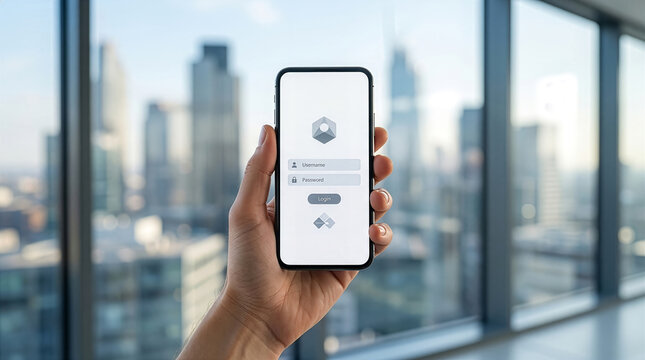 高層ビル群を背景に、ログイン画面が表示されたスマートフォンを持つビジネスパーソンの手元。モバイルセキュリティやアカウント認証、DX推進、アプリ開発のイメージ