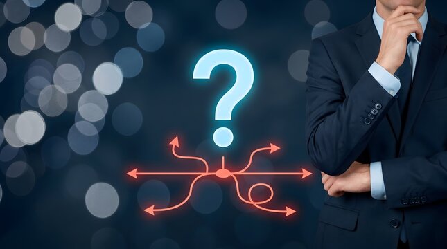 Problem solving strategy and corporate decision making concept with businessman evaluating multiple business paths and strategic alternatives