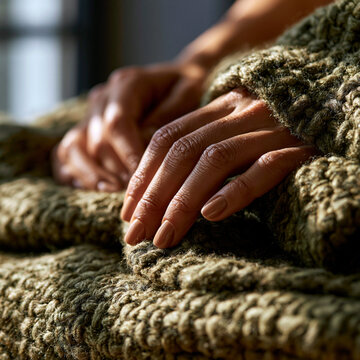 Resting hands on soft chunky knit textured olive green blanket with lifestyle, softness