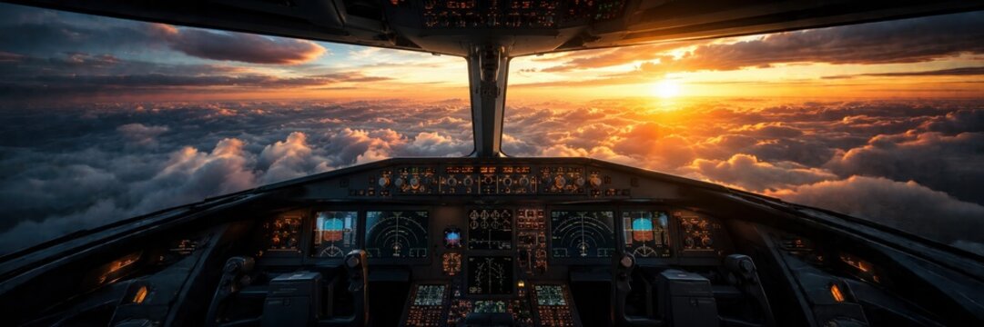Airplane cockpit overlooking clouds at sunset for commercial aviation and pilot journey concept