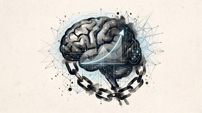 Concept of mental breakthrough and growth mindset brain breaking free from chains illustration