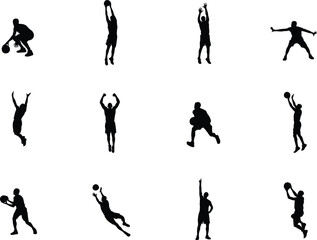 Basketball Player Silhouette Vector Collection with Dribbling Shooting Jumping and Defensive Action Poses © MD