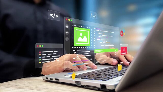 Web Design and App Development Concept. UX-UI Design, User Experience, Modern Interface Designing, Creative Planning and Data Visualization. Web Developer Working on Website on a Laptop. 4K Video