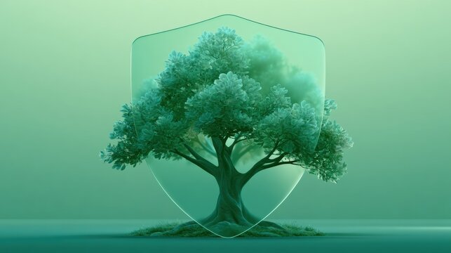 A translucent tree is placed within a shield outline, symbolizing protection and stability with a green gradient backdrop.