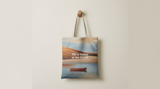 Canvas tote bag with serene beach scene and inspirational quote hanging on wall
