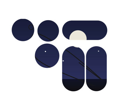 Set of dark blue geometric shapes including circles and rounded rectangles isolated on a white background