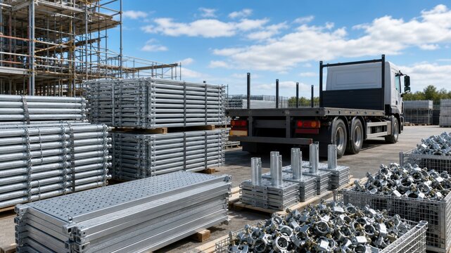 Construction site with steel beams and a delivery truck at work during the day