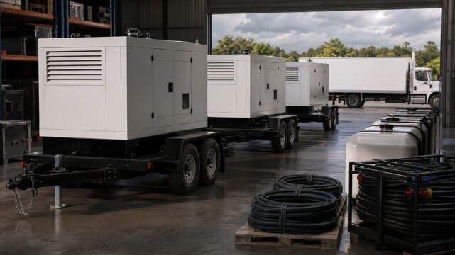 Generators lined up in a warehouse, prepared for transportation on a cloudy day